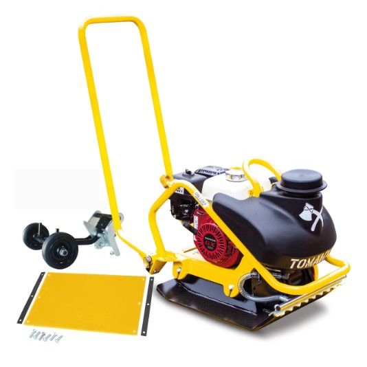 Tomahawk Power TPC90H Honda vibratory plate compactor with 3.5-gallon water tank, wheels, and polypad