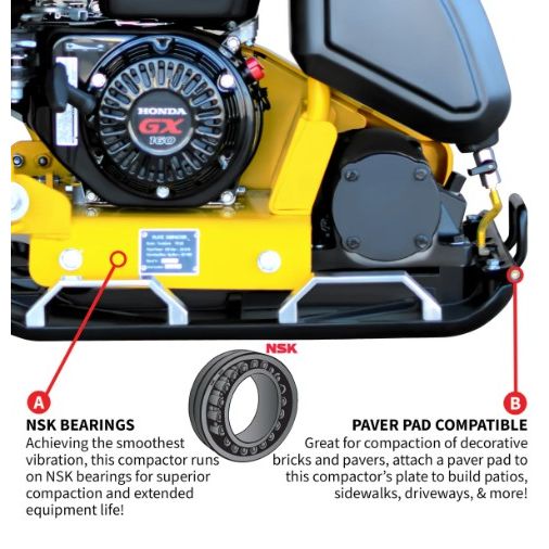 Tomahawk Power TPC85H Honda compactor showing engine, handle, and compaction plate