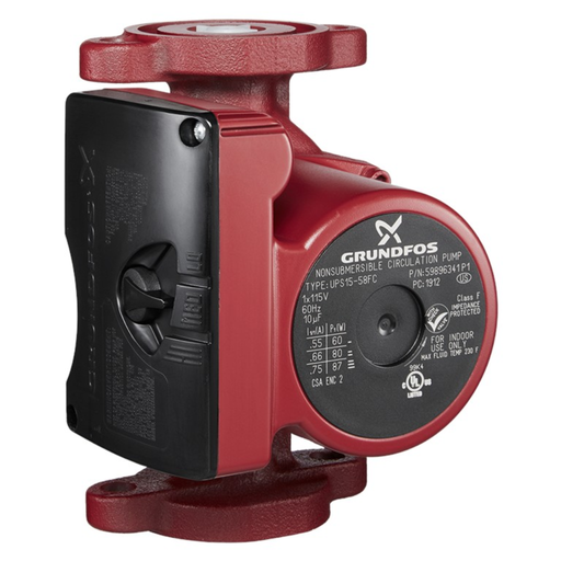 Red and black Grundfos pump on a white background