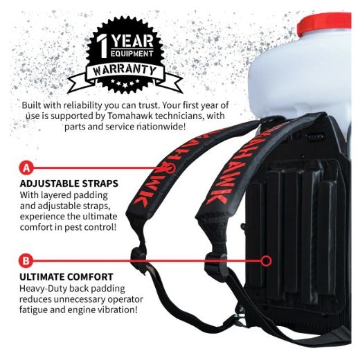 Tomahawk Power TMD14-2 backpack mosquito fogger with gas engine and spray tube details