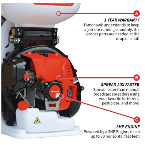 Tomahawk Power TGS30 79cc backpack spreader showing hopper, harness, and spreader controls