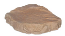 A decorative faux rock garden stone with a textured, layered surface in earthy brown and beige tones, isolated on a white background.