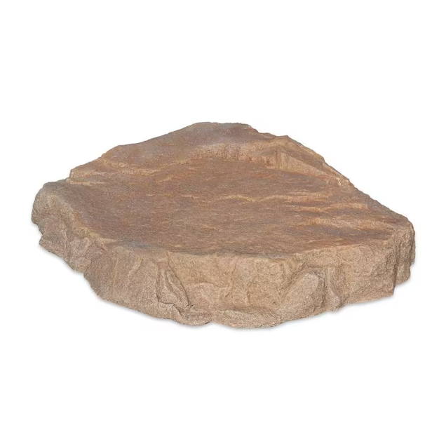 A decorative faux rock garden stone with a textured, layered surface in earthy brown and beige tones, isolated on a white background.