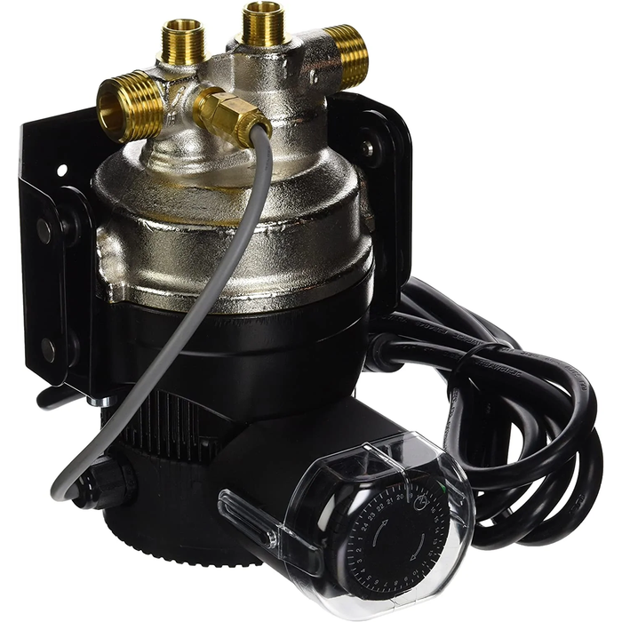 Mechanical pump with brass connectors and wiring on a white background