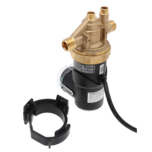 Brass pump with black housing and hose on a white background
