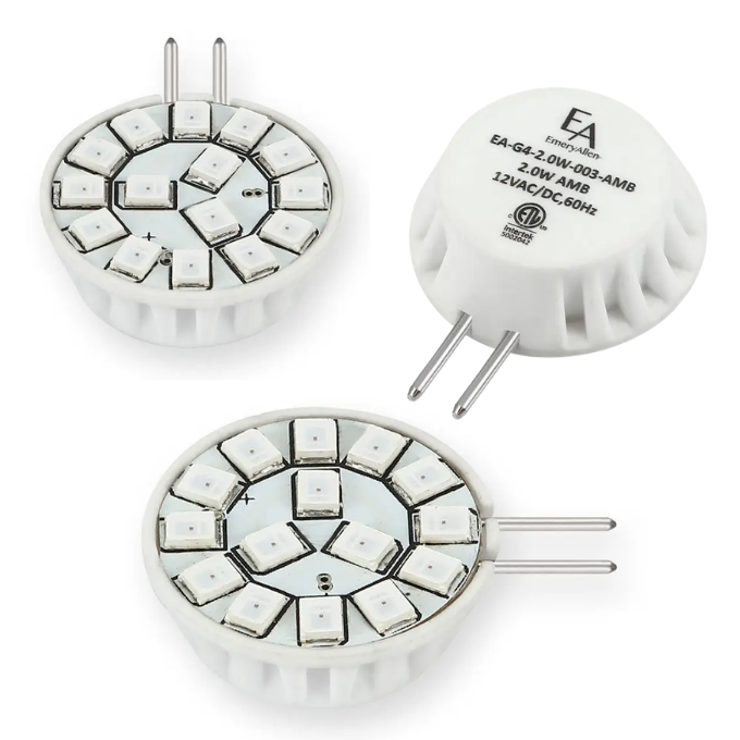 EmeryAllen 2W Wafer G4 Bi-Pin Amber Turtle Bulb - 180 degree - specifications and dimensions — EA-G4-2.0W-003-AMB