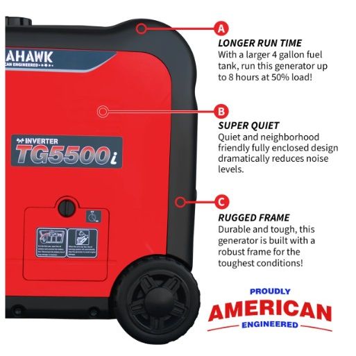 Tomahawk Power TG5500i portable generator equipment detail for backup power use
