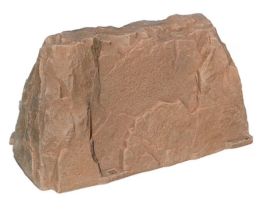 A realistic artificial rock prop with a textured brown and beige surface, isolated on a white background.