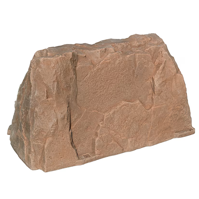 A realistic artificial rock prop with a textured brown and beige surface, isolated on a white background.
