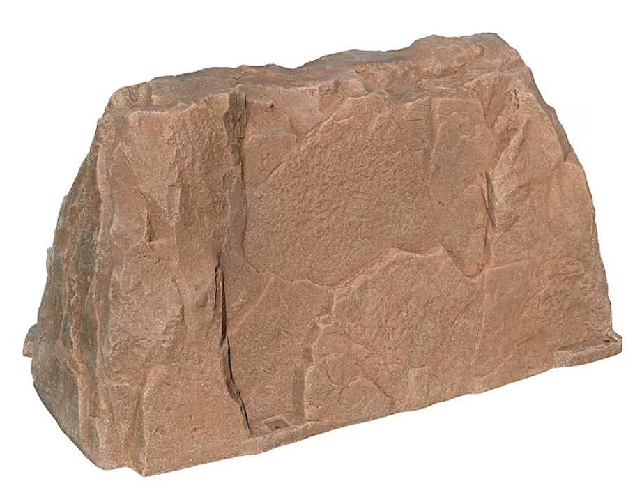 A realistic artificial rock prop with a textured brown and beige surface, isolated on a white background.