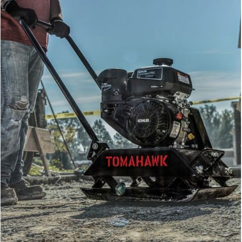 Tomahawk Power TPC80H plate compactor with GX160 engine, wheel kit, and protective polypad
