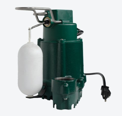 A green submersible sump pump with a white float chamber and a metal handle, shown against a plain white background.