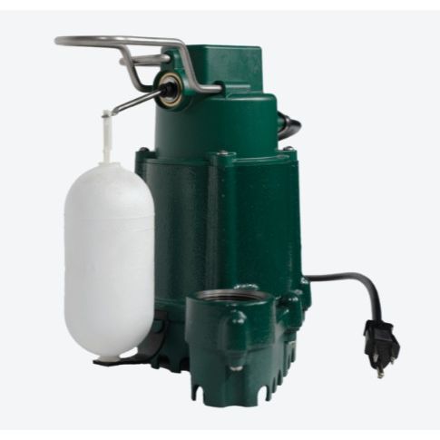 A green submersible sump pump with a white float chamber and a metal handle, shown against a plain white background.