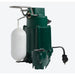 A green submersible sump pump with a white float chamber and a metal handle, shown against a plain white background.