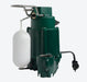 A green submersible sump pump with a white float chamber and a metal handle, shown against a plain white background.