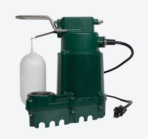 A green electric submersible pump with a white float valve and a black power cord, shown against a plain light gray background.