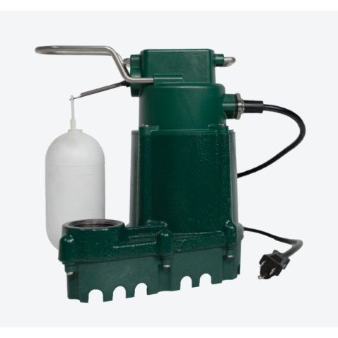 A green electric submersible pump with a white float valve and a black power cord, shown against a plain light gray background.
