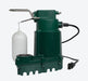 A green electric submersible pump with a white float valve and a black power cord, shown against a plain light gray background.