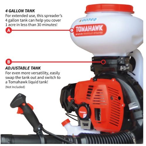 Tomahawk Power TGS30 backpack spreader for lawn care, pest control, and winter salt spreading