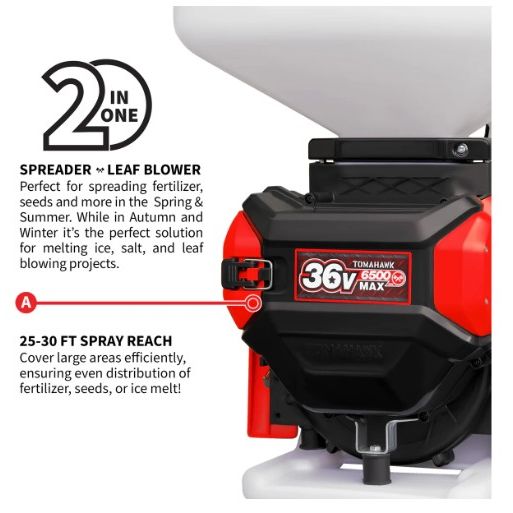 Tomahawk Power eTGS30 battery spreader showing hopper and discharge equipment details