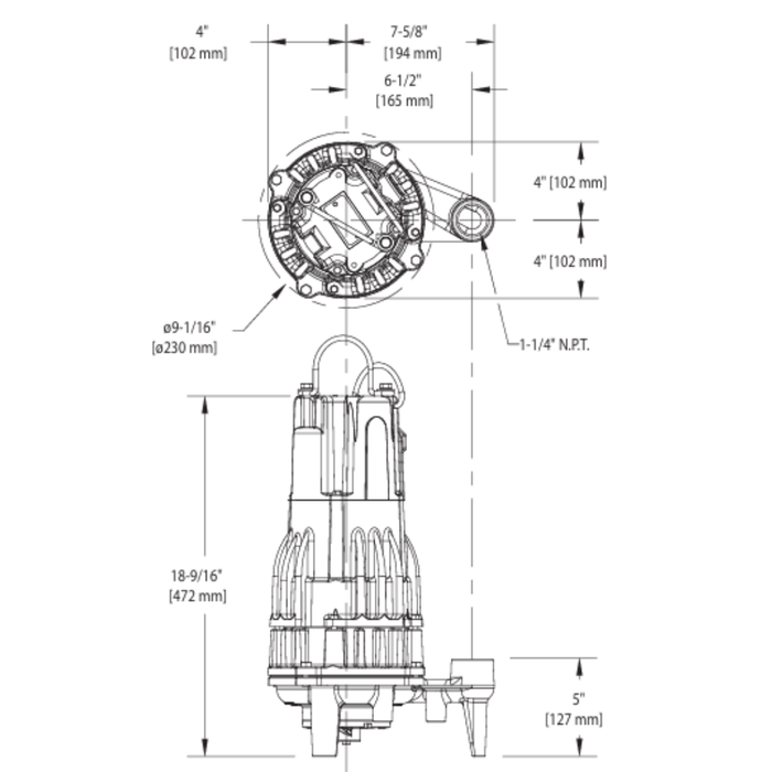 Technical drawing of a submersible pump with dimensions labeled