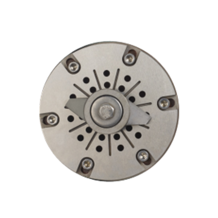 Metallic grinder disc on a white background