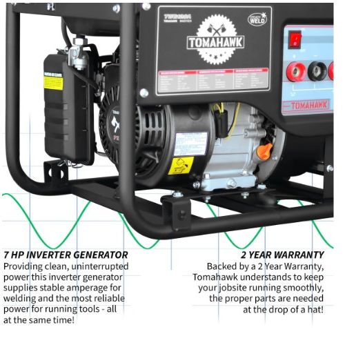 Tomahawk Power TWG120A portable welder generator showing engine and frame details