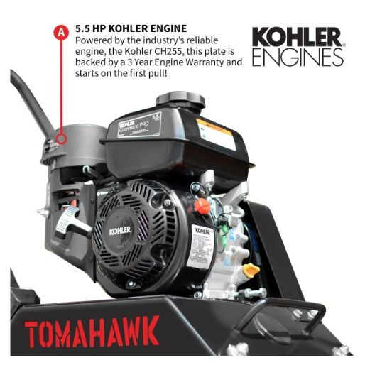 Tomahawk Power TPC80H vibratory compactor showing engine, plate, and folding handle details