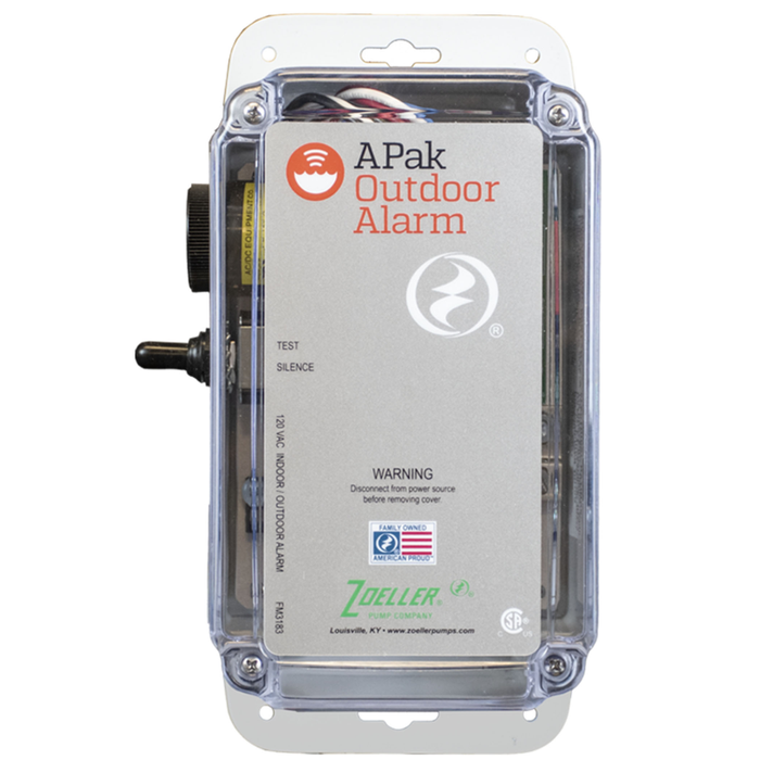 Outdoor alarm device with 'APak Outdoor Alarm' branding on a white background