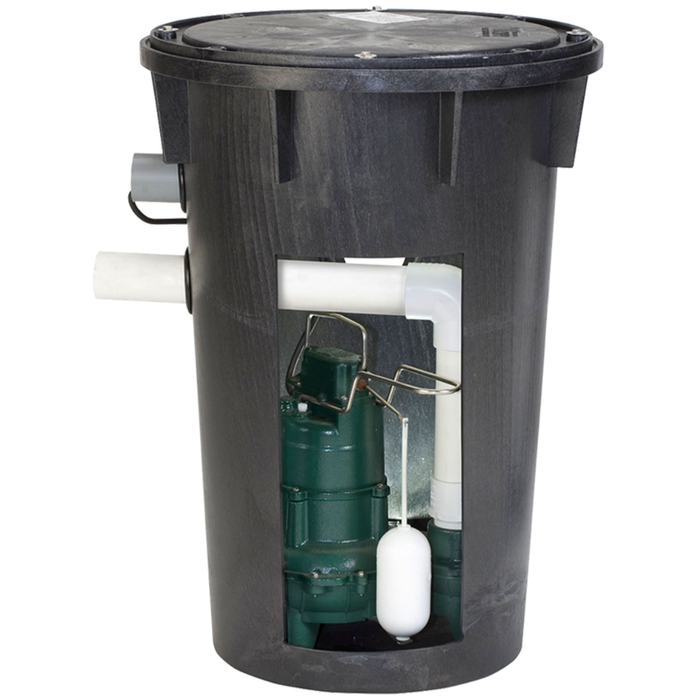 Black cylindrical pump housing with green and white components on a white background