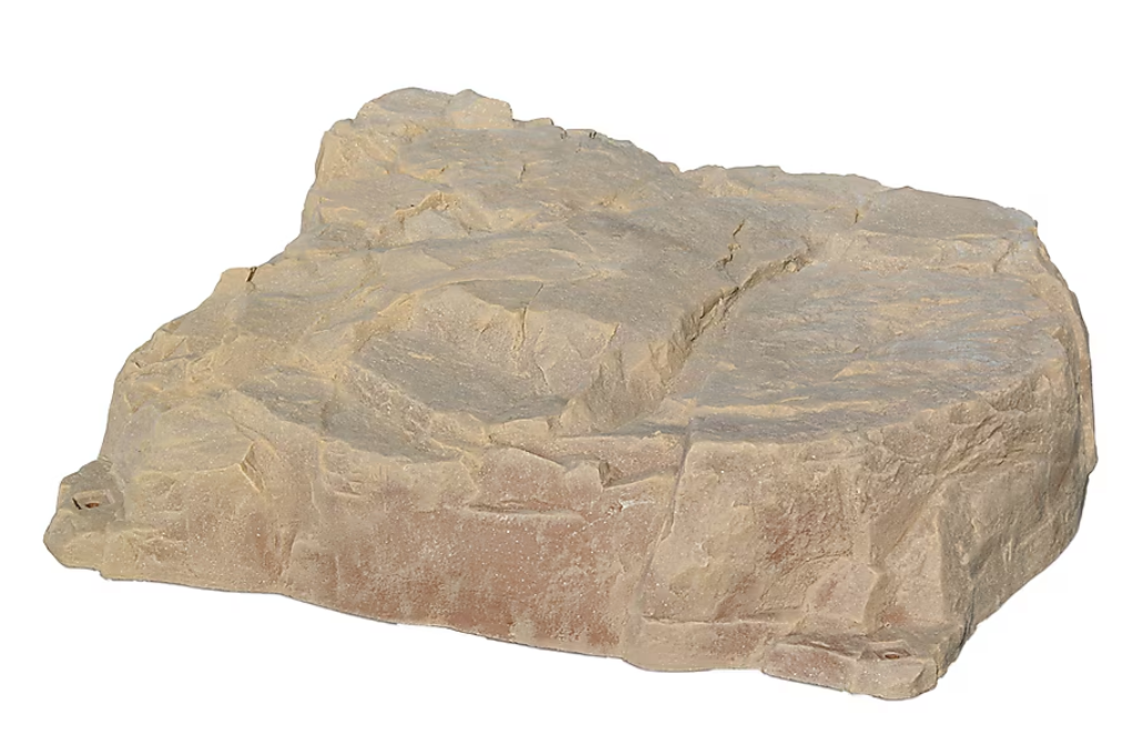 A large, irregularly shaped decorative rock or faux stone landscape feature with a textured, layered surface in light tan, beige, and soft brown tones, isolated on a white background.