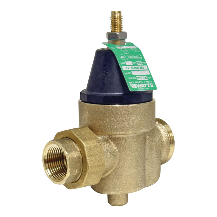 Watts LFN45BM1-U 3/4 3/4 IN Lead Free Water Pressure Reducing Valve, NPT Union x FPT, Adjust 25-75 psi, Max Work 400 psi  0009478