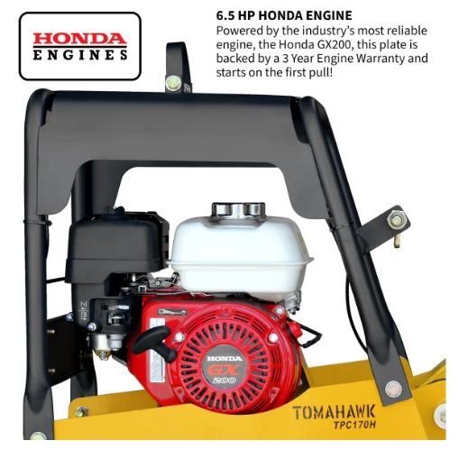 Tomahawk Power TPC170H Honda compactor showing GX200 engine, handle, and compaction plate