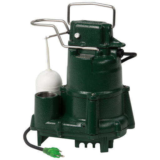 Green sump pump with white float on a white background