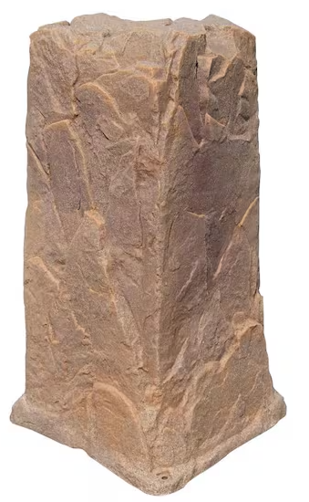 A rectangular faux stone pillar or decorative column piece with a textured, weathered brown and beige stone surface, isolated on a white background.