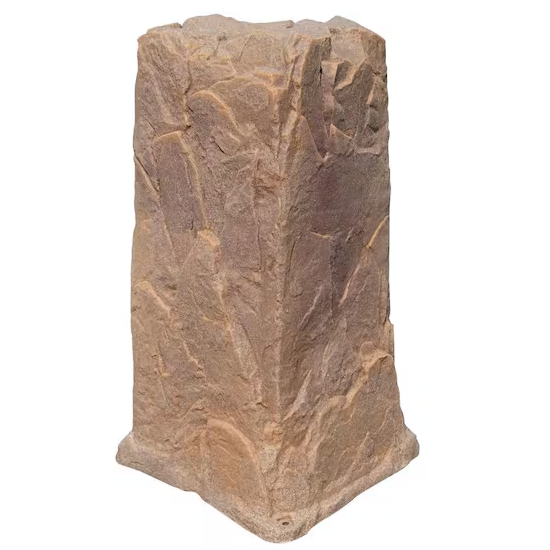 A rectangular faux stone pillar or decorative column piece with a textured, weathered brown and beige stone surface, isolated on a white background.