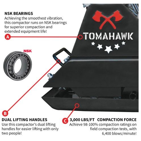 Tomahawk Power TPC80H plate compactor with wheel kit and polypad accessory view