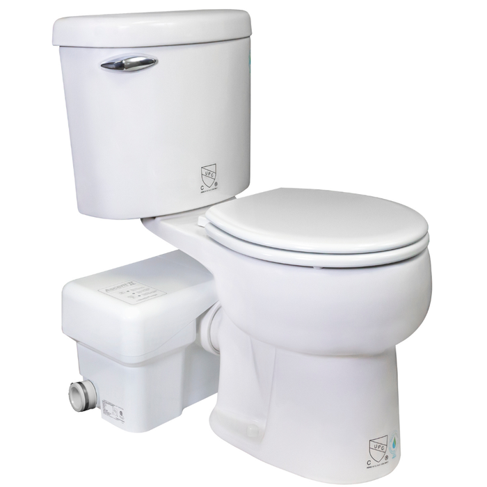 White toilet with closed lid on a white background