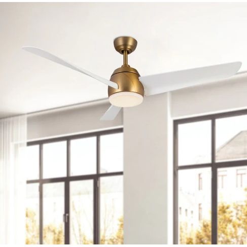 Ceiling fan with gold finish and white blades in a room with large windows.