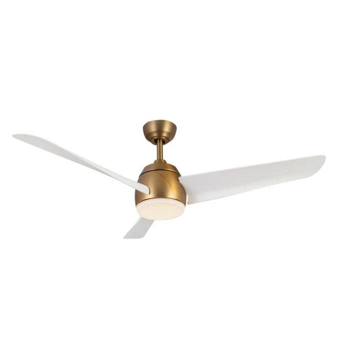 Ceiling fan with gold finish and white blades on a white background