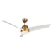 Ceiling fan with gold finish and white blades on a white background