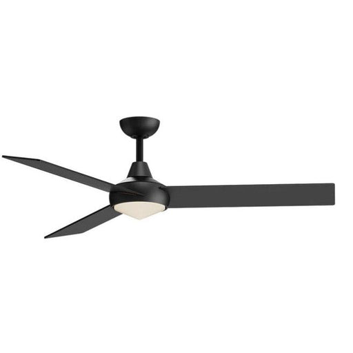 Black ceiling fan with light on a white background