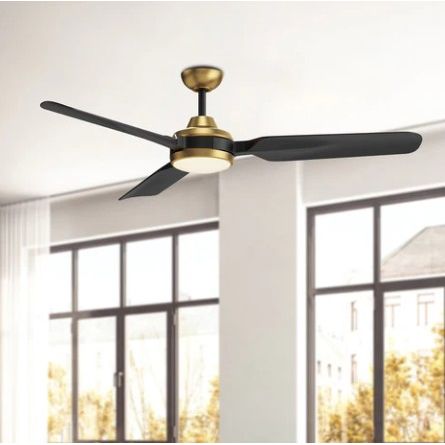 Ceiling fan with black blades and gold light fixture in a room with large windows.