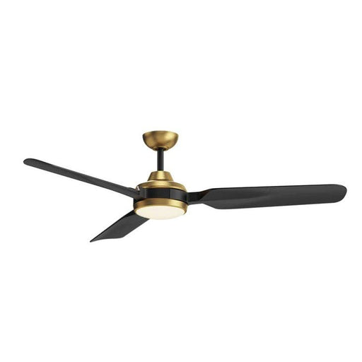 Ceiling fan with gold and black design on a white background