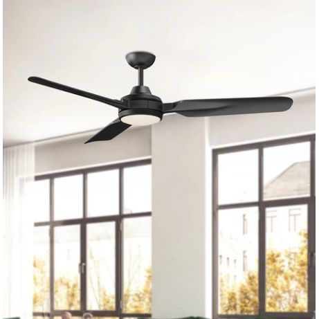 Black ceiling fan in a room with large windows