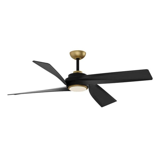 Modern ceiling fan with black blades and gold accents on a white background