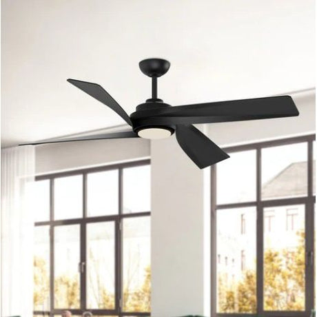 Black ceiling fan in a room with large windows
