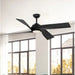 Black ceiling fan in a room with large windows