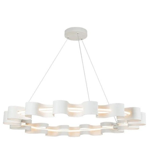 Modern chandelier with white circular design on a white background