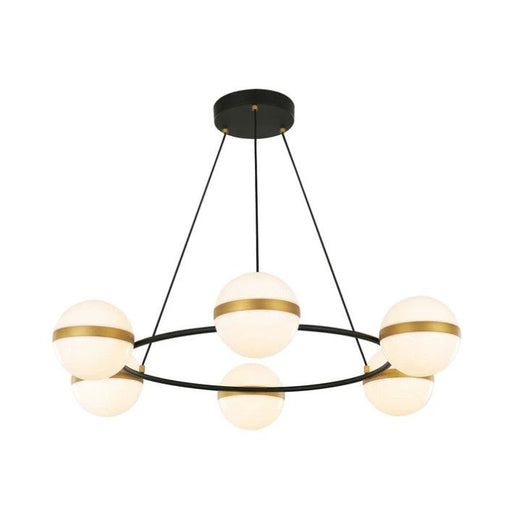 Modern chandelier with black and gold design on a white background